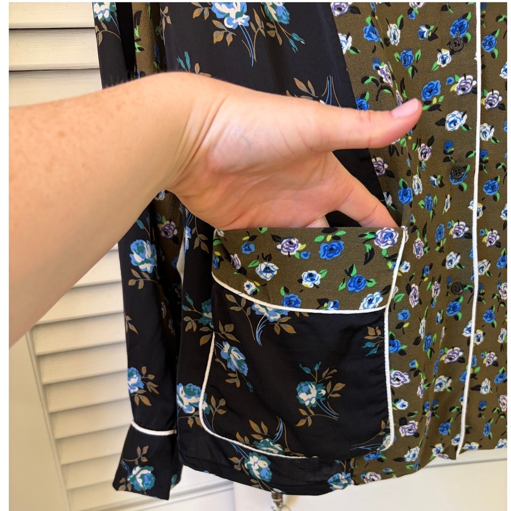 Sandro Paris Crepe & Satin Noisette Floral Blouse In Black Blue l sz 1 Sm - Picture 4 of 8